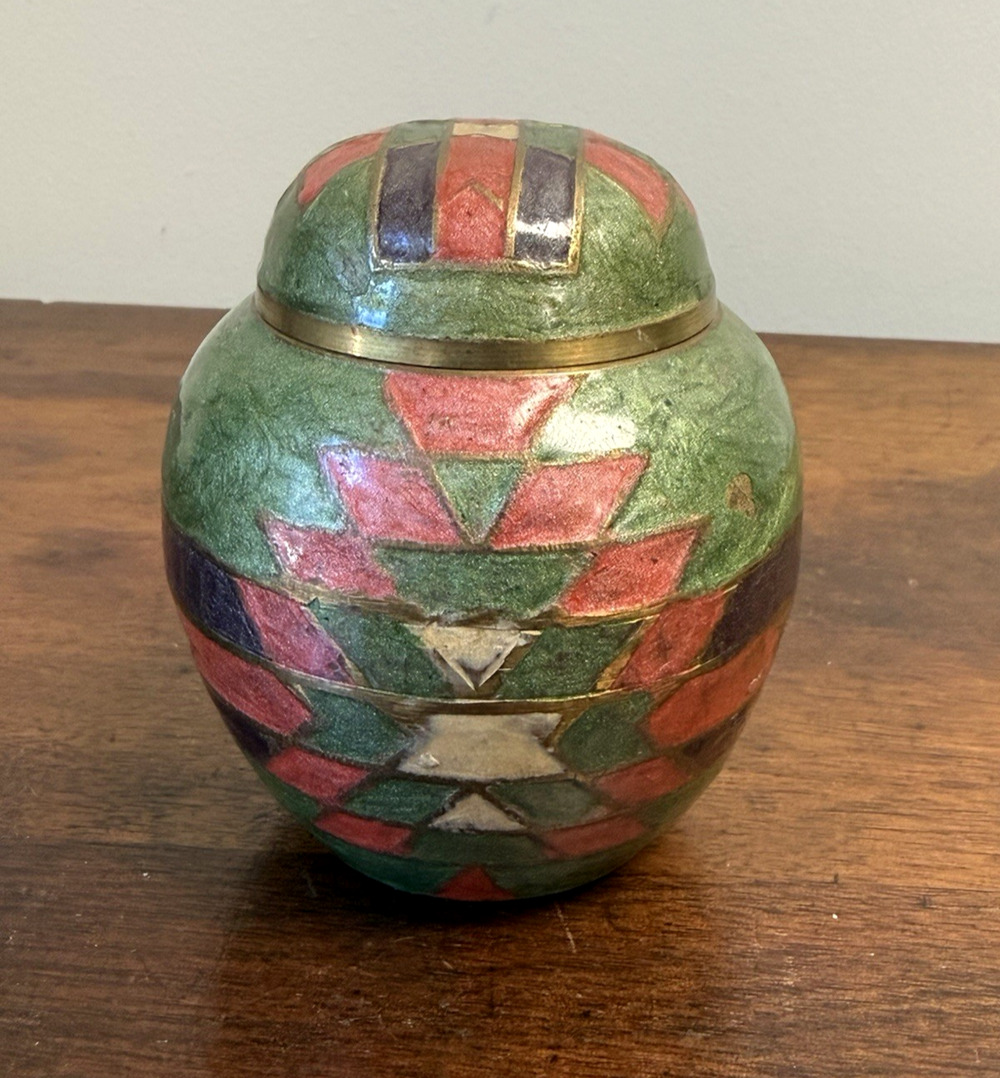 Vintage 1992 Hosley Solid Brass Enamel Painted Lidded Jar Vase 3.75"